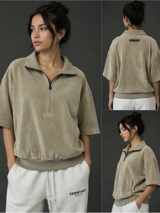 Fear of God Tops - Fear of God Essentials Oversized Half Zip Velour Pullover Size XS Beige Gray